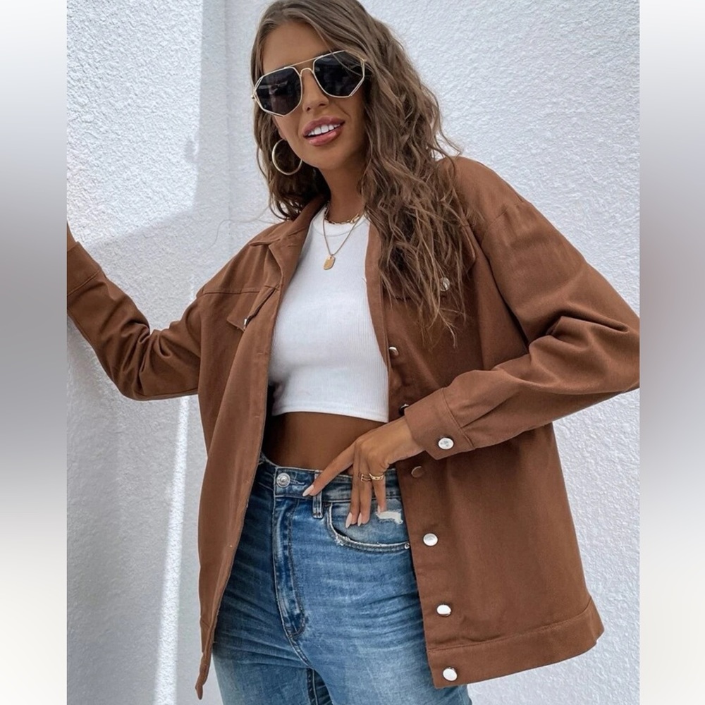 SHEIN- Brown Drop Shoulder Flap Detail Denim Jacket- Women’s